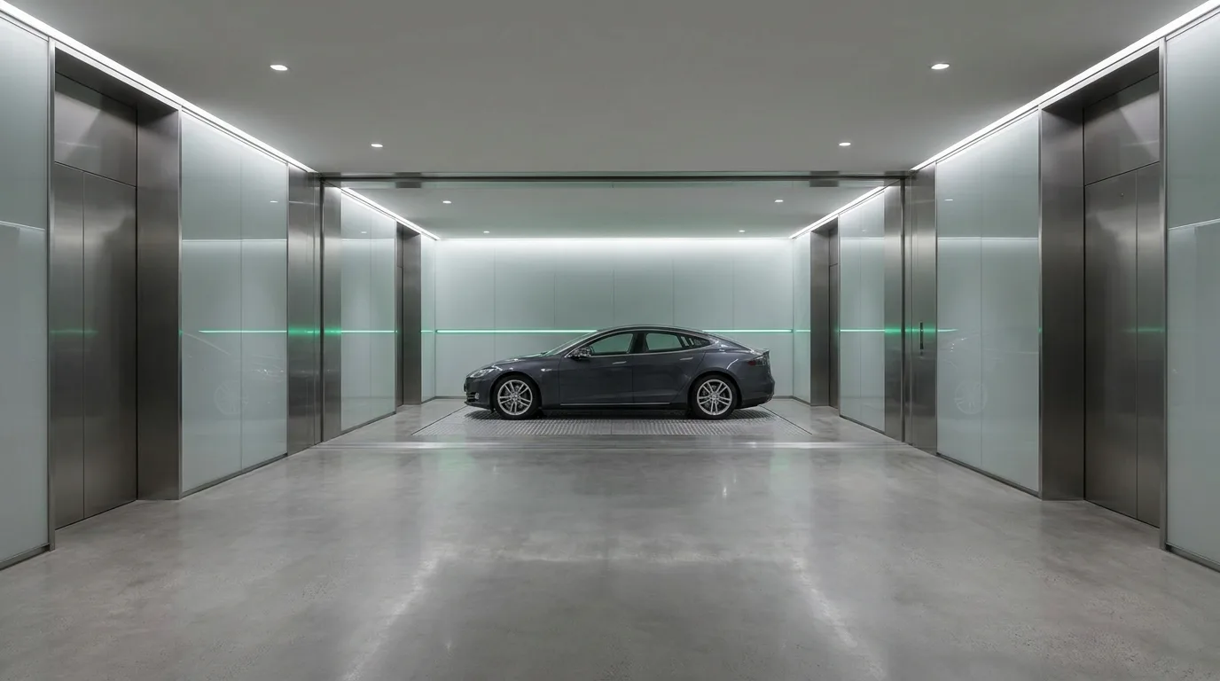Architectural interior of an automated parking structure